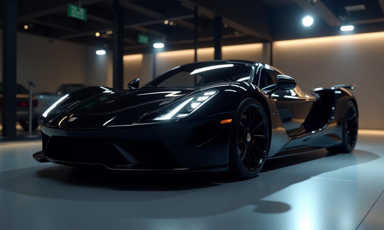 ショールームに展示された、美しく磨き上げられた黒いスポーツカー